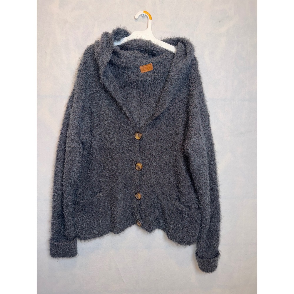 POL Clothing Fuzzy Knit Hooded Cardigan Sweater Gray Button Front Boho POL10 M‎